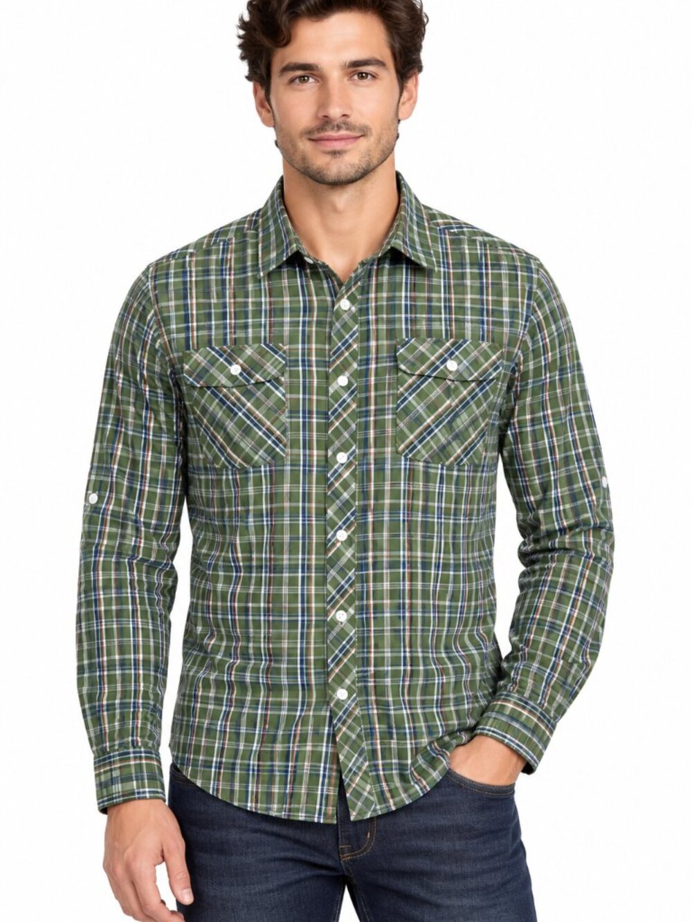 Urban Men’s Green Blue White Plaid Slim-Fit Shirt Size M